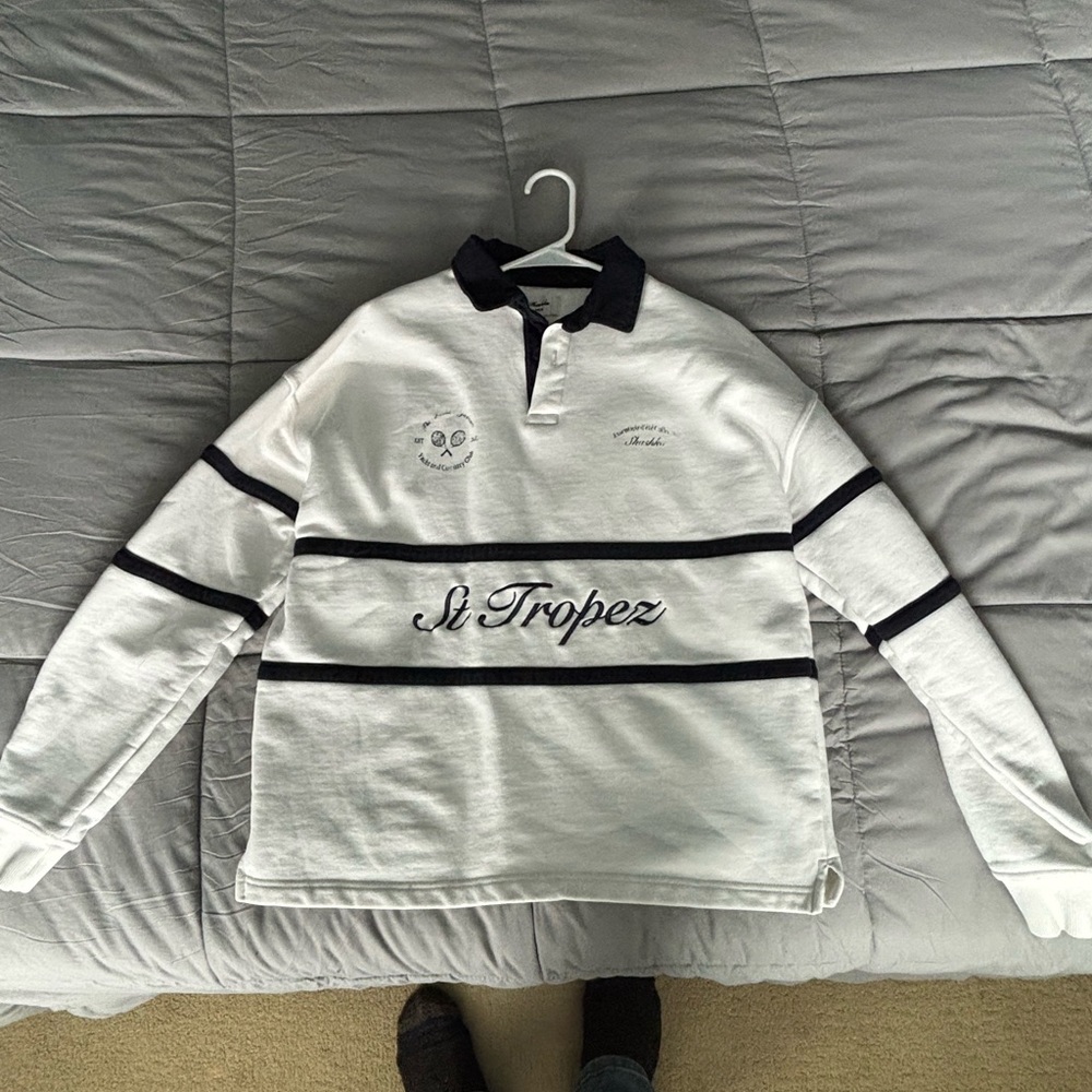 Shashka St. Tropez Men's V-Neck Rugby Sweater - White with Black Trim